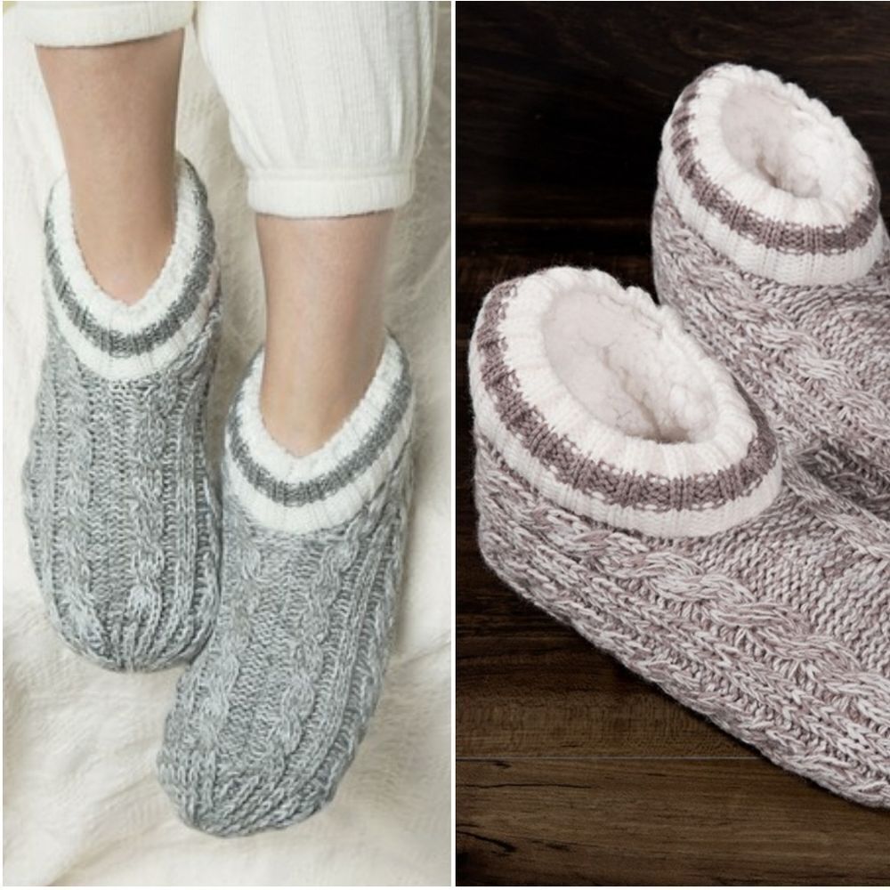 Cable knit and sherpa lined slipper booties